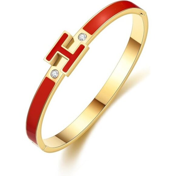 Jewelry - Women's 18K Gold Plated Red CZ Sleek Trendy Dainty Elegant Bangle Bracelet